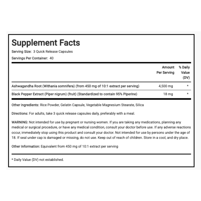 Ashwagandha 4500 mg (per porzione) 120 capsule a rilascio rapido