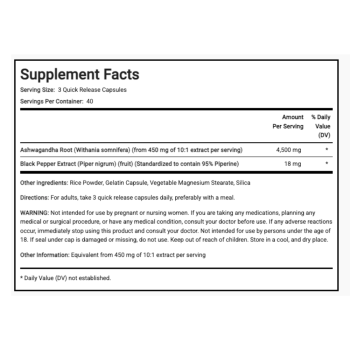 Ashwagandha 4500 mg (per porzione) 120 capsule a rilascio rapido